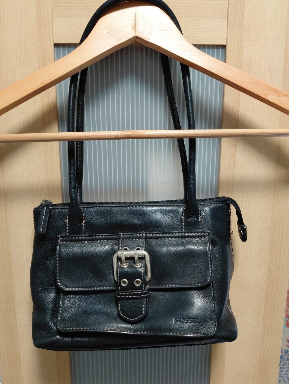 Fossil Black Mini Leather Shoulder Bag with Buckle Pocket